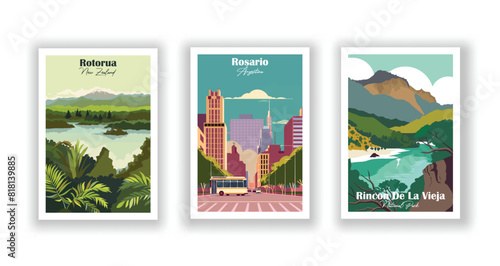 Rincon De La Vieja, National Park, Rosario, Argentina, Rotorua, New Zealand - Set of 3 Vintage Travel Posters. Vector illustration. High Quality Prints