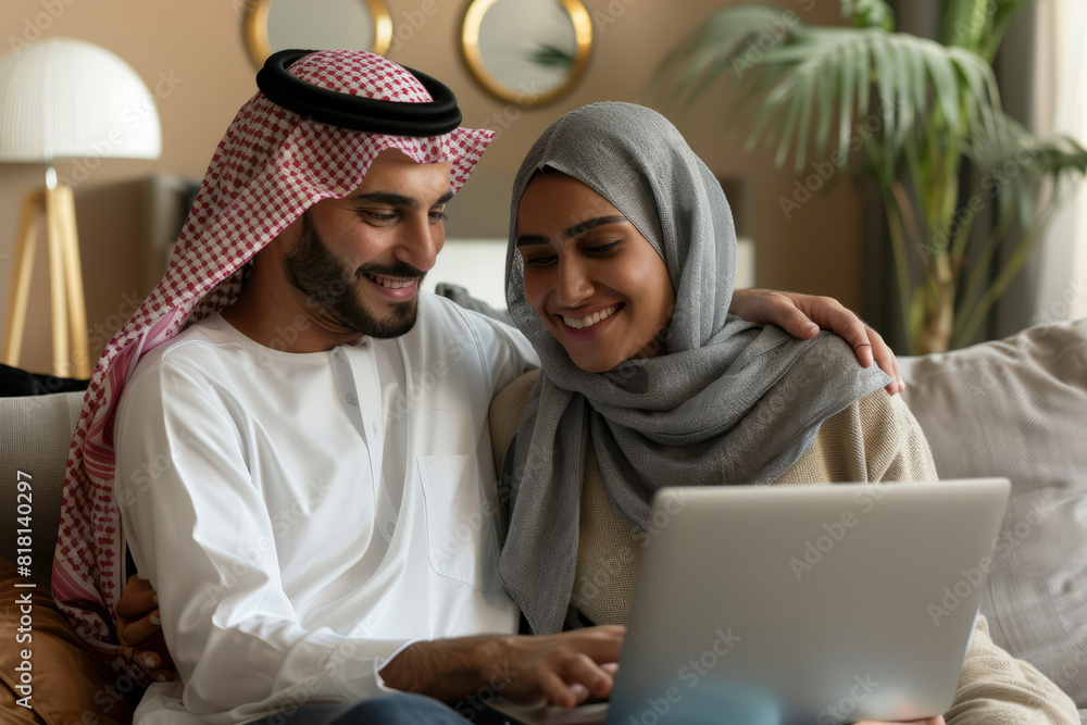 A happy Arabian middle-aged couple is using a laptop together while relaxing on the couch at home. The smiling mature man and woman glance at the computer screen, watching a video, browsing, or A happy Arabian middle-aged couple is using a laptop together while relaxing on the couch at home. The smiling mature man and woman glance at the computer screen, watching a video, browsing, or