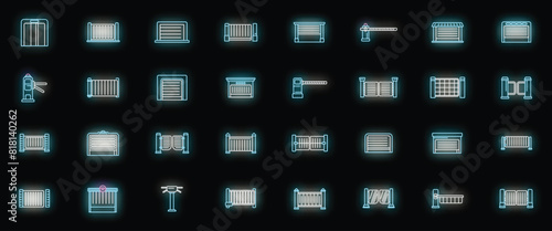 Automatic gate icons set outline vector. Electric door. Garage rolling neon color on black