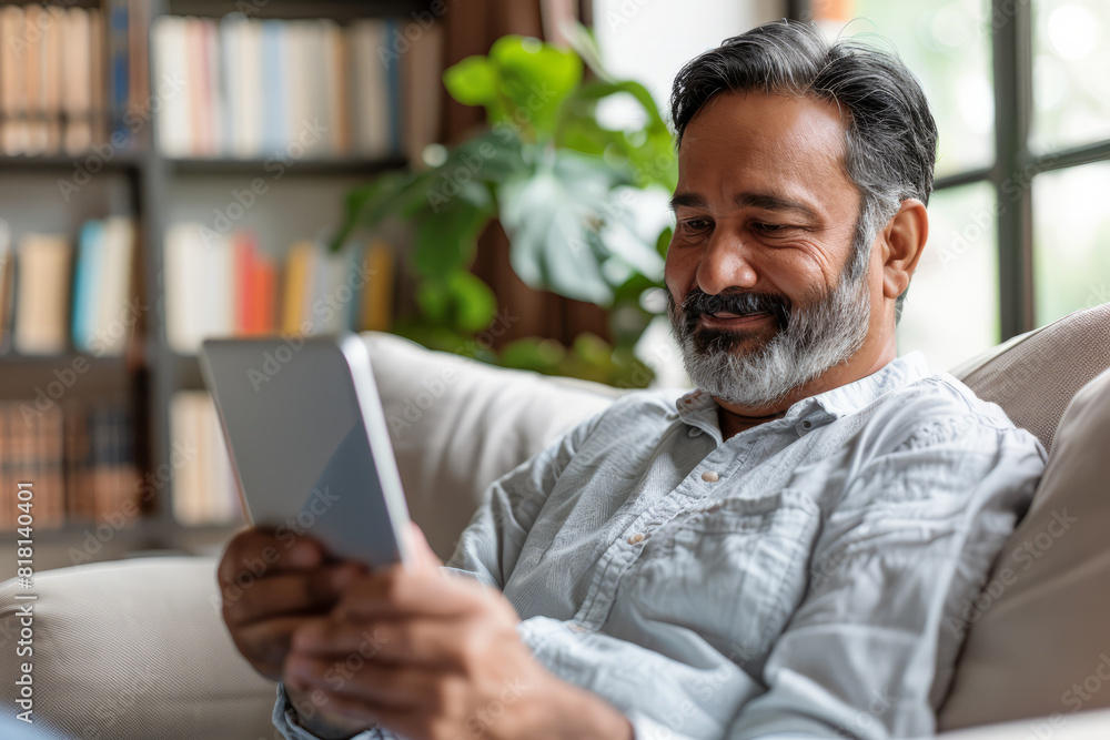 A happy Indian middle-aged man is using a digital tablet while relaxing on the couch at home. The mature male user holds the tablet computer, sitting on the sofa in the living room and looking away. A happy Indian middle-aged man is using a digital tablet while relaxing on the couch at home. The mature male user holds the tablet computer, sitting on the sofa in the living room and looking away.