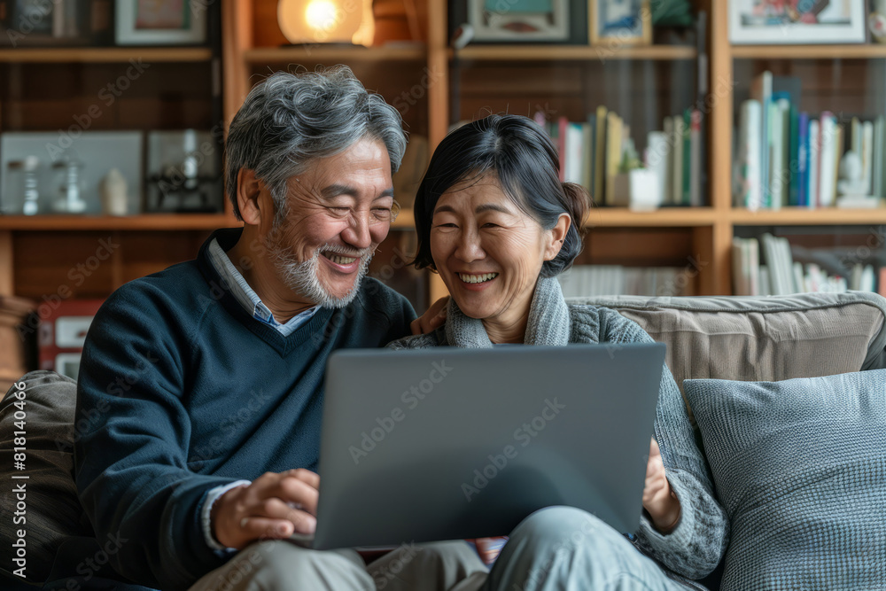 A happy Japanese middle-aged couple is using a laptop together while relaxing on the couch at home. The smiling mature man and woman look at the computer screen, watching a video, browsing, or A happy Japanese middle-aged couple is using a laptop together while relaxing on the couch at home. The smiling mature man and woman look at the computer screen, watching a video, browsing, or