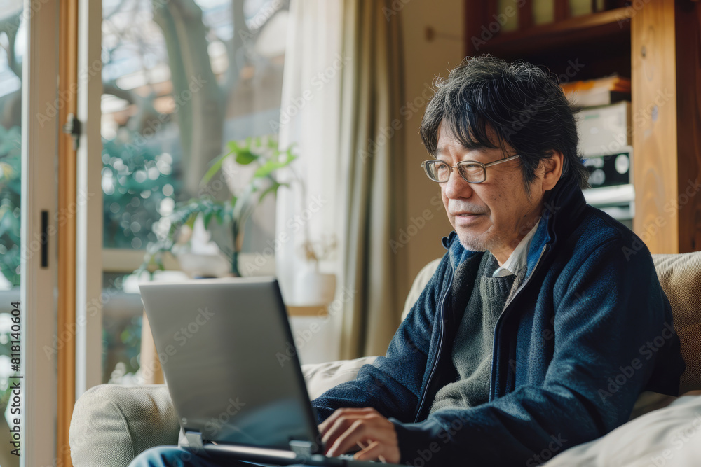 A happy Japanese middle-aged man is using a laptop while sitting on the sofa at home. The mature older user looks at the computer screen, browsing the internet and participating in ecommerce shopping A happy Japanese middle-aged man is using a laptop while sitting on the sofa at home. The mature older user looks at the computer screen, browsing the internet and participating in ecommerce shopping