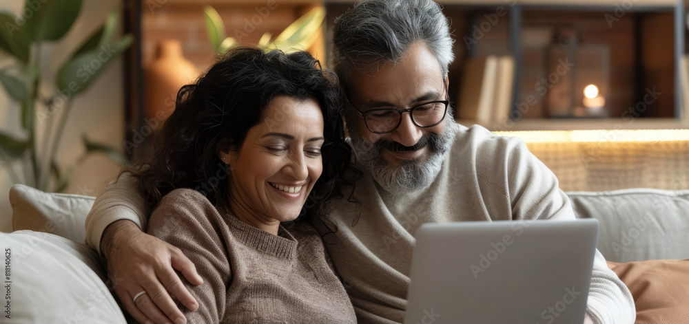 A happy Latino middle-aged couple is using a laptop together while relaxing on the couch at home. The smiling mature man and woman gaze at the computer screen, watching a video, browsing, or shopping A happy Latino middle-aged couple is using a laptop together while relaxing on the couch at home. The smiling mature man and woman gaze at the computer screen, watching a video, browsing, or shopping