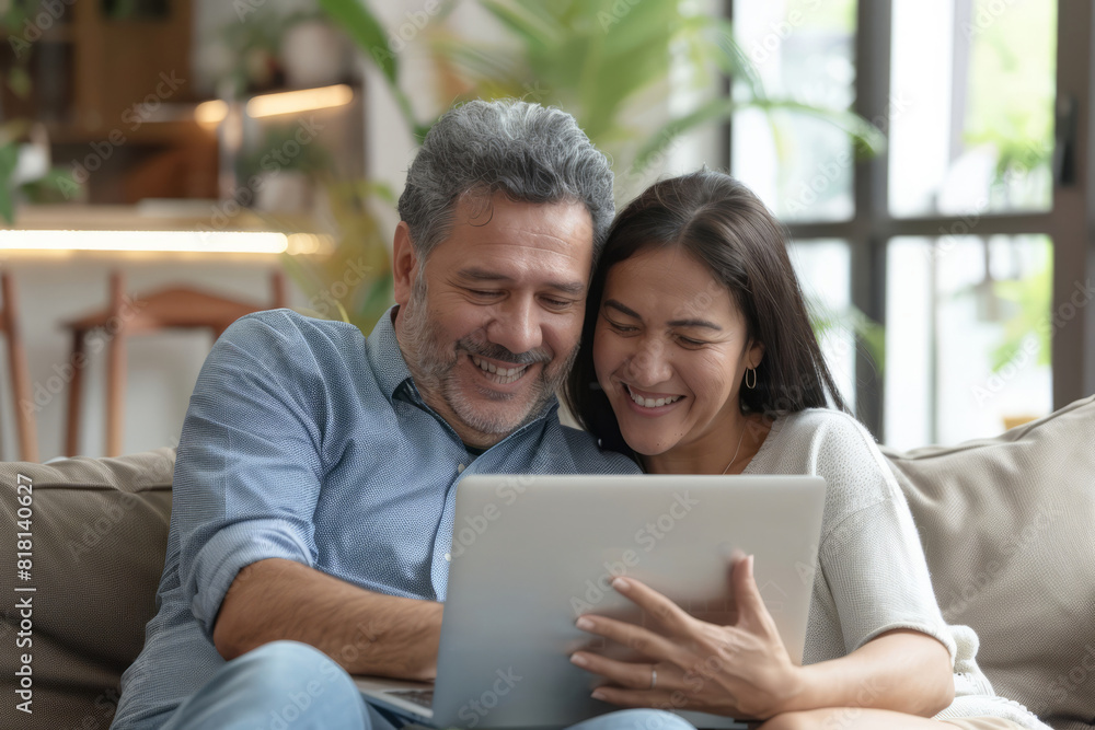 A happy Latino middle-aged couple is using a laptop together while relaxing on the couch at home. The smiling mature man and woman gaze at the computer screen, watching a video, browsing, or shopping A happy Latino middle-aged couple is using a laptop together while relaxing on the couch at home. The smiling mature man and woman gaze at the computer screen, watching a video, browsing, or shopping