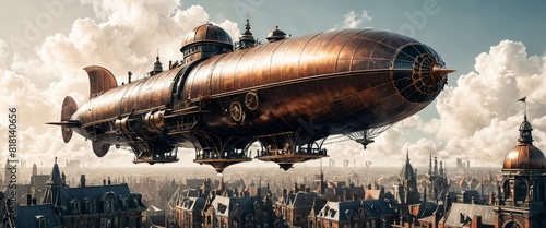 Detailed illustration of a large steampunk airship floating above a historical European cityscape under a cloud-filled sky.