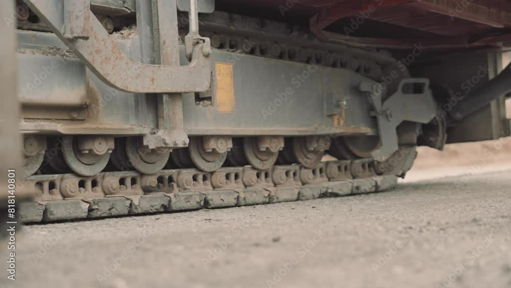 Riding caterpillar tracks asphalt paver video. Close-up view of the heavy-duty metal tracks in motion, leaving distinct imprints on the ground during road construction/paving operations. Riding caterpillar tracks asphalt paver video. Close-up view of the heavy-duty metal tracks in motion, leaving distinct imprints on the ground during road construction/paving operations.