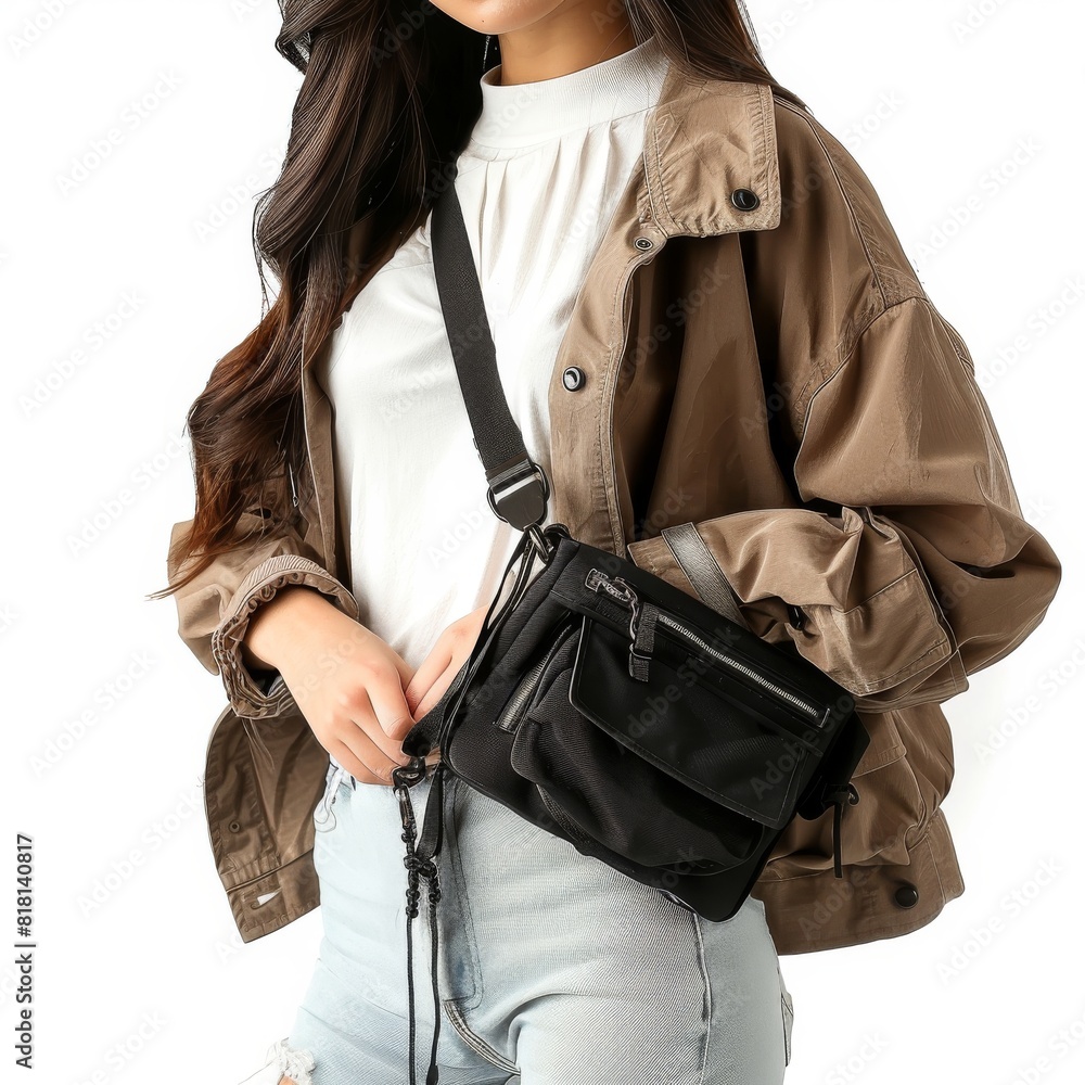 Young woman in casual outfit, stylish bag, student clothes, comfortable jacket, fashionable handbag Young woman in casual outfit, stylish bag, student clothes, comfortable jacket, fashionable handbag