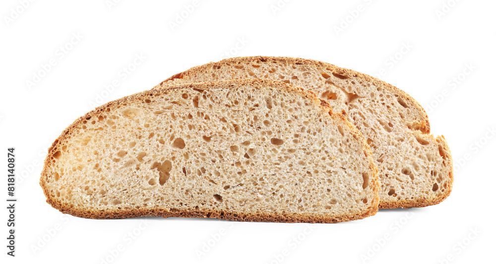 Slices of freshly baked sourdough bread isolated on white