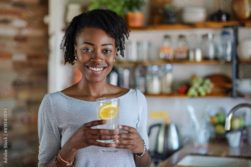 A radiant Black woman stands in her kitchen, holding a glass of pure water with lemon, highlighting the significance of maintaining hydration and tracking water intake for overall well-being. A radiant Black woman stands in her kitchen, holding a glass of pure water with lemon, highlighting the significance of maintaining hydration and tracking water intake for overall well-being.
