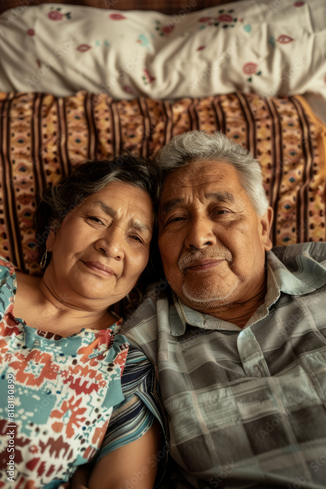 A senior Latino woman and man, wife and husband, lying side by side in bed at their home. They radiate happiness and love, embodying the joy of retirement. The mature couple is peacefully resting, A senior Latino woman and man, wife and husband, lying side by side in bed at their home. They radiate happiness and love, embodying the joy of retirement. The mature couple is peacefully resting,