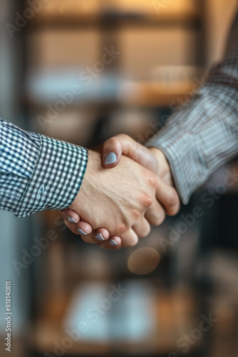 A male and a female are shaking hands in an office setting. Collaborative teamwork. Business professionals.