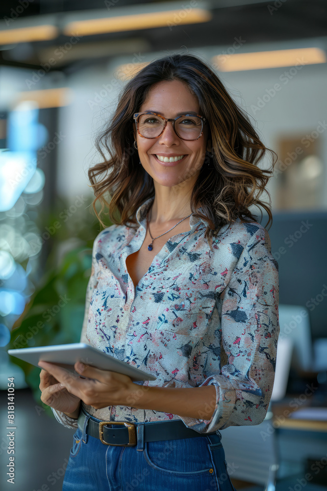 A smiling Latino mature businesswoman executive, a content 40-year-old company HR, confidently holds a digital tablet and looks at the camera while standing in her office at work. Portrait.
