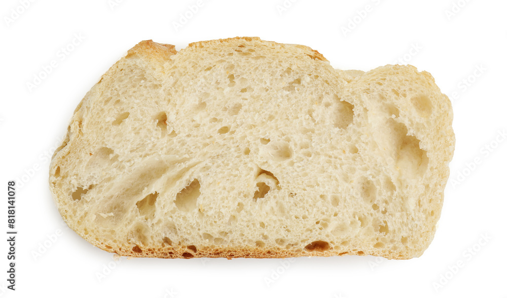 Slice of freshly baked sourdough bread isolated on white, top view Slice of freshly baked sourdough bread isolated on white, top view