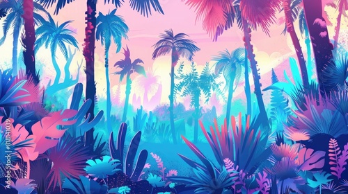 tropical jungle scene  vector illustration  neon colors  white background  pink and blue tones  palm trees  cacti  plants  grasses  flowers  detailed  vibrant  colorful  fantasy art style 