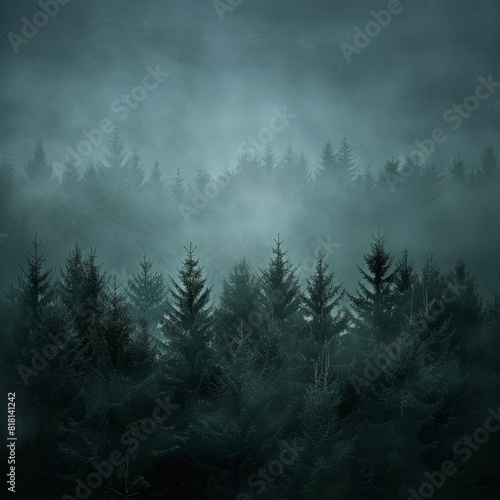 Misty foggy forest, fir mountains, natural mist landscape, dark woods view, mystery clouds on pine trees