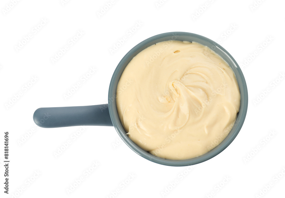 Fondue with tasty melted cheese isolated on white, top view Fondue with tasty melted cheese isolated on white, top view