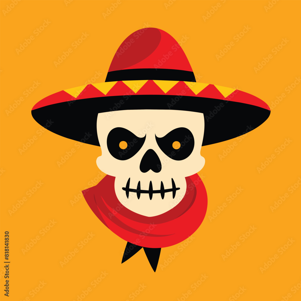 Mexican skull in sombrero. Bandit with hat and bandanna design