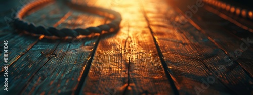 A close-up of coiled cables on a textured wooden floor, with soft lighting casting gentle shadows. photo