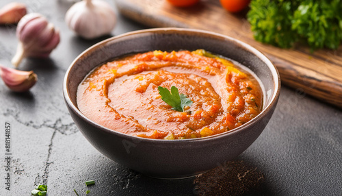 Bowl of Spanish Romesco sauce on dark table. Fresh and tasty semi-solid food. Close-up. photo