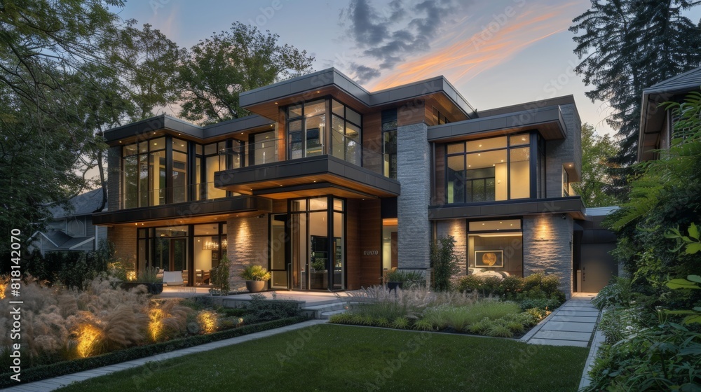 Modern facade with floor-to-ceiling windows, architectural lighting and a landscaped front yard Modern facade with floor-to-ceiling windows, architectural lighting and a landscaped front yard