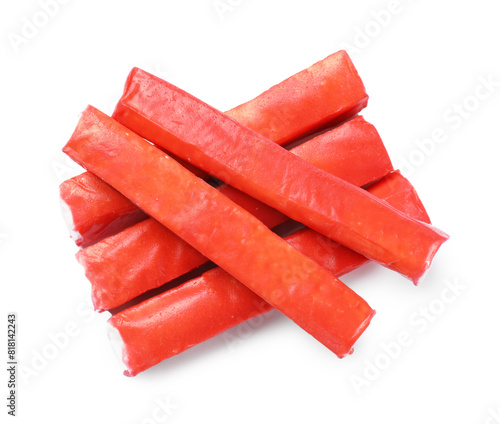 Tasty crab sticks isolated on white, top view