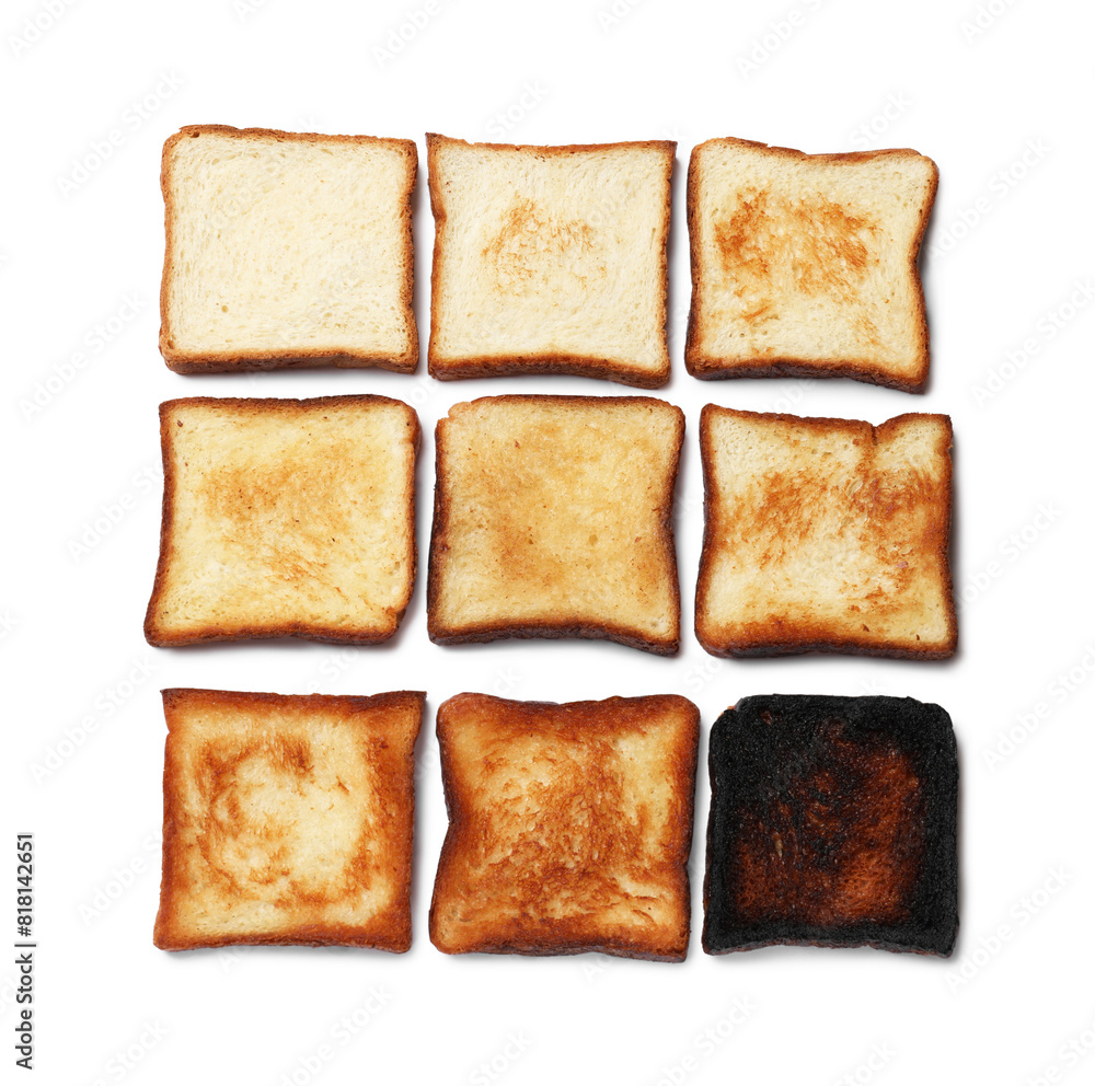 Toasting doneness. Bread slices of different shades isolated on white, top view Toasting doneness. Bread slices of different shades isolated on white, top view
