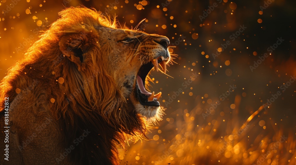Naklejka premium Wildlife in Action: A close-up shot of a majestic lion in the African savannah, captured mid-roar. The raw power and beauty of the animal are emphasized against the backdrop of the wild landscape