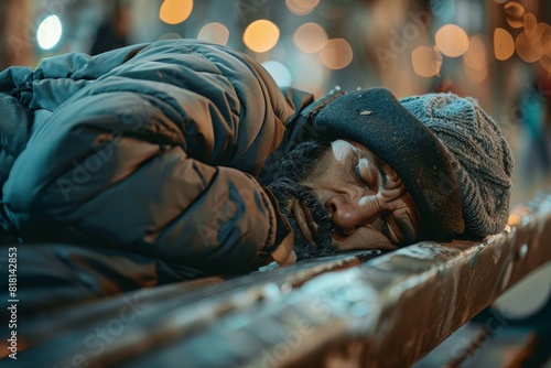 Poor tired depressed hungry homeless man or refugee sleeping on the wooden bench on the urban street in cold city, social documentary concept