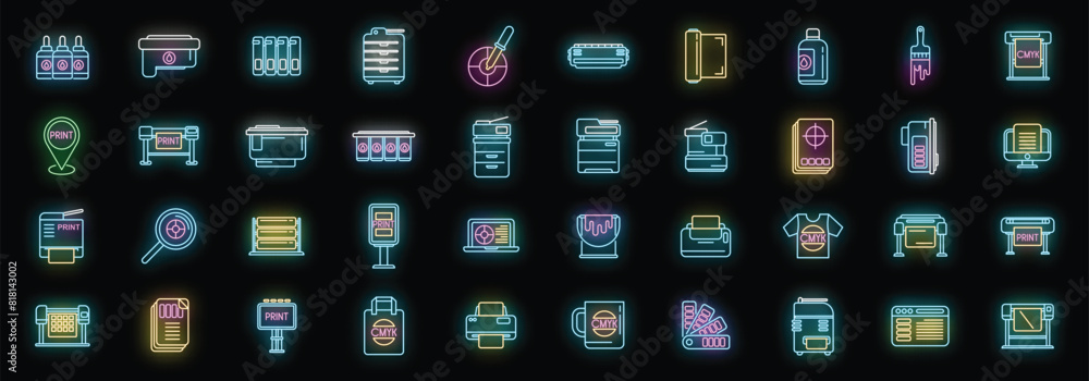 Digital printing icons set outline vector. Computer printer. Paper digital neon color on black Digital printing icons set outline vector. Computer printer. Paper digital neon color on black