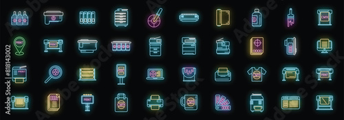 Digital printing icons set outline vector. Computer printer. Paper digital neon color on black