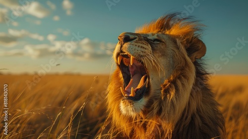 Wildlife in Action: A close-up shot of a majestic lion in the African savannah, captured mid-roar. The raw power and beauty of the animal are emphasized against the backdrop of the wild landscape