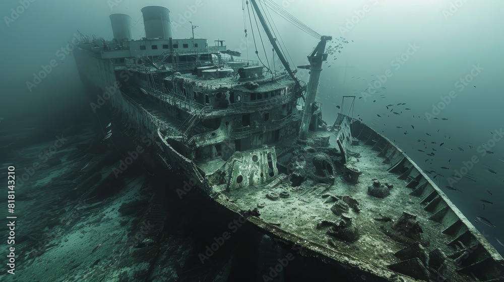 A large, underwater city with a lot of debris and trash A large, underwater city with a lot of debris and trash