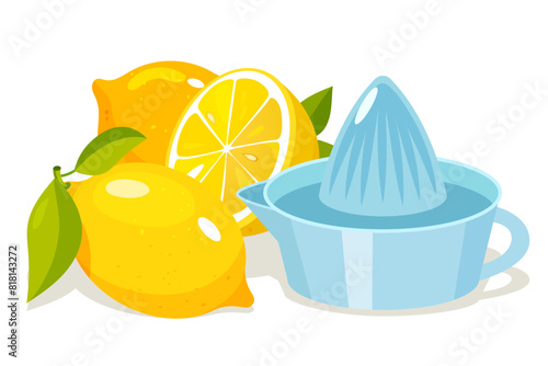 Whole and half lemons fruits with lemon squeezer isolated on white background.
