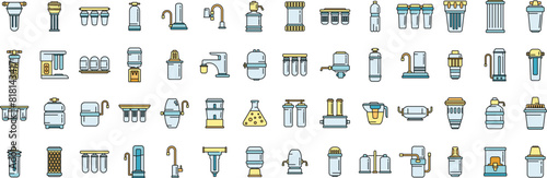 Equipment for water purification icons set outline vector. Filter treatment. Drink tank thin line color flat on white