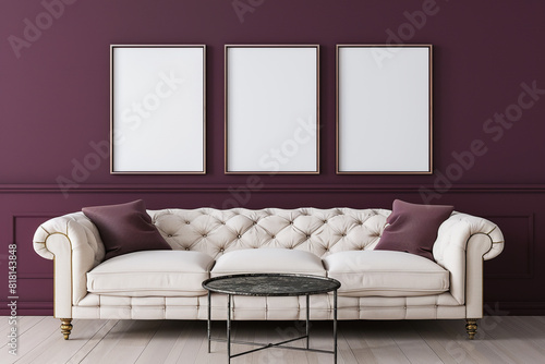 Triple frame mockup, dark plum wall, cream sofa, minimalist iron table; high-definition 3D.