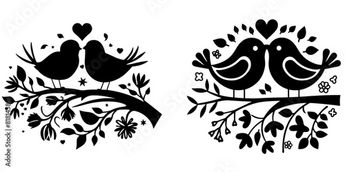 abstract Silhouette design of two love birds on a tree branch / black and white design of a bird couple making love on an isolated white background.
