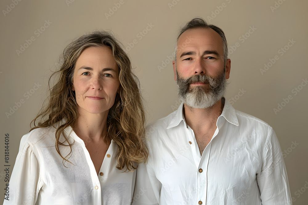 A happy, modern couple, female and male, wearing white shirts, smiling and looking happy, lookin in the camera in the studio A happy, modern couple, female and male, wearing white shirts, smiling and looking happy, lookin in the camera in the studio