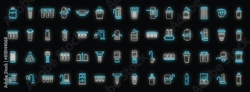 Equipment for water purification icons set outline vector. Filter treatment. Drink tank neon color on black