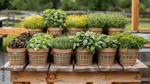 A farmer's market stand with baskets of fresh herbs.
