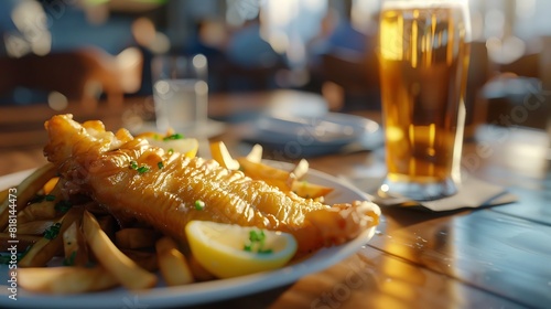 Fish and chips on plate and beer served on the table,