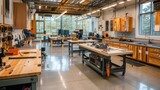 A large woodworking shop filled with an array of tools and equipment for crafting wood furniture and objects.