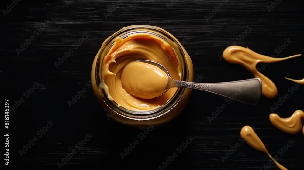 A spoonful of yellow spread is in a jar. The jar is on a dark table A spoonful of yellow spread is in a jar. The jar is on a dark table
