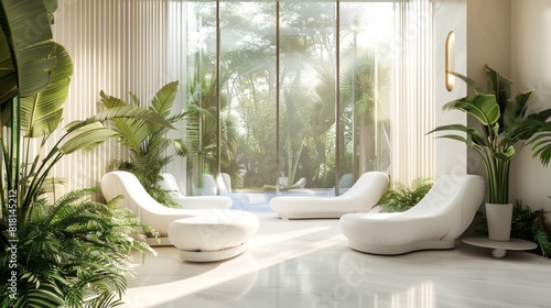 A serene spa lounge features sleek white lounge chairs and lush green plants bathed in soft morning sunlight through large windows.