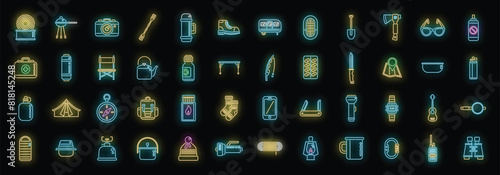 Equipment for hike icons set outline vector. Hiker backpack. Shoes hiking neon color on black