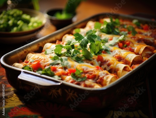 A large bowl of enchiladas with a garnish of cilantro and cheese. The dish is full of color and looks delicious