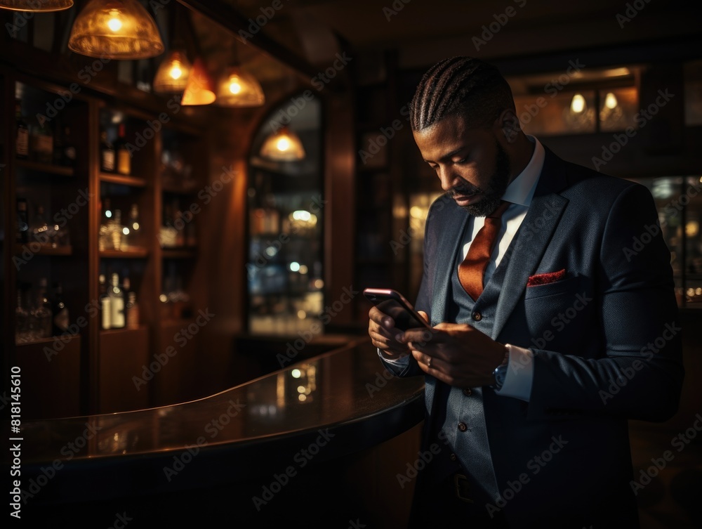 A man in a suit is looking at his cell phone. He is standing in front of a bar with a counter