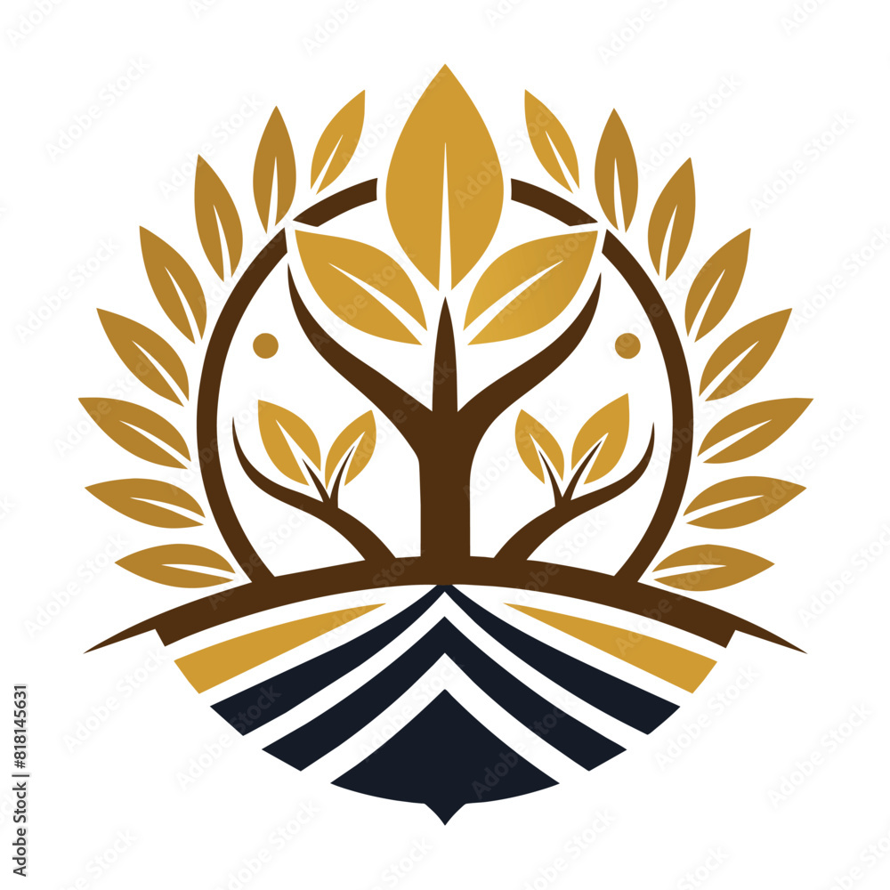 Modern symmetrical golden tree with leaf and soil logo design