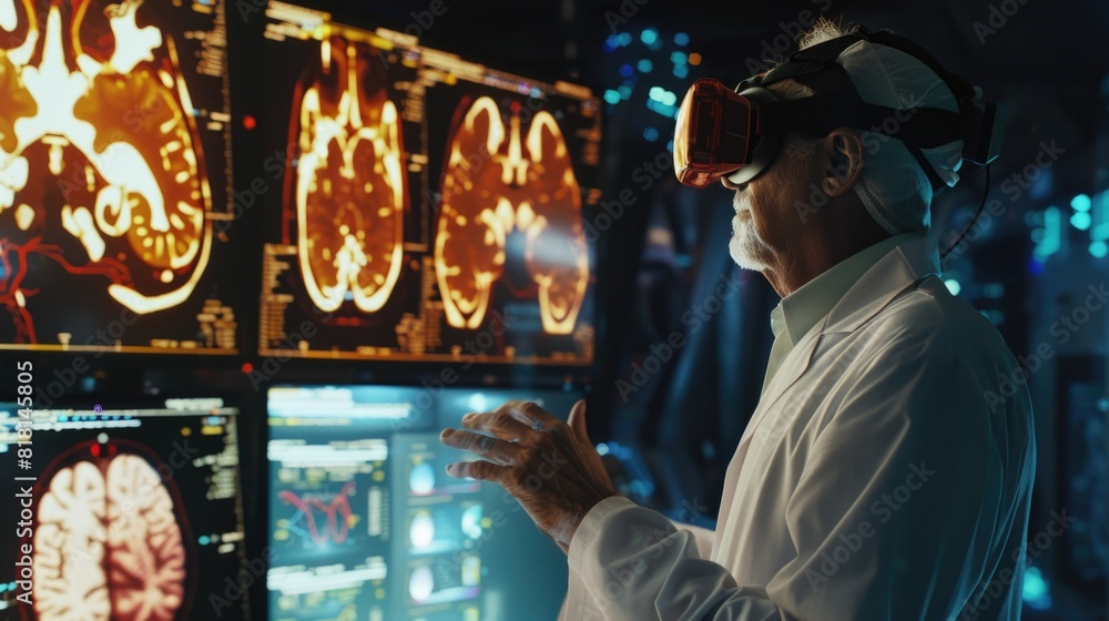 A man in a white lab coat is looking at a computer monitor displaying a brain scan. He is wearing a virtual reality headset and he is examining the images on the screen A man in a white lab coat is looking at a computer monitor displaying a brain scan. He is wearing a virtual reality headset and he is examining the images on the screen