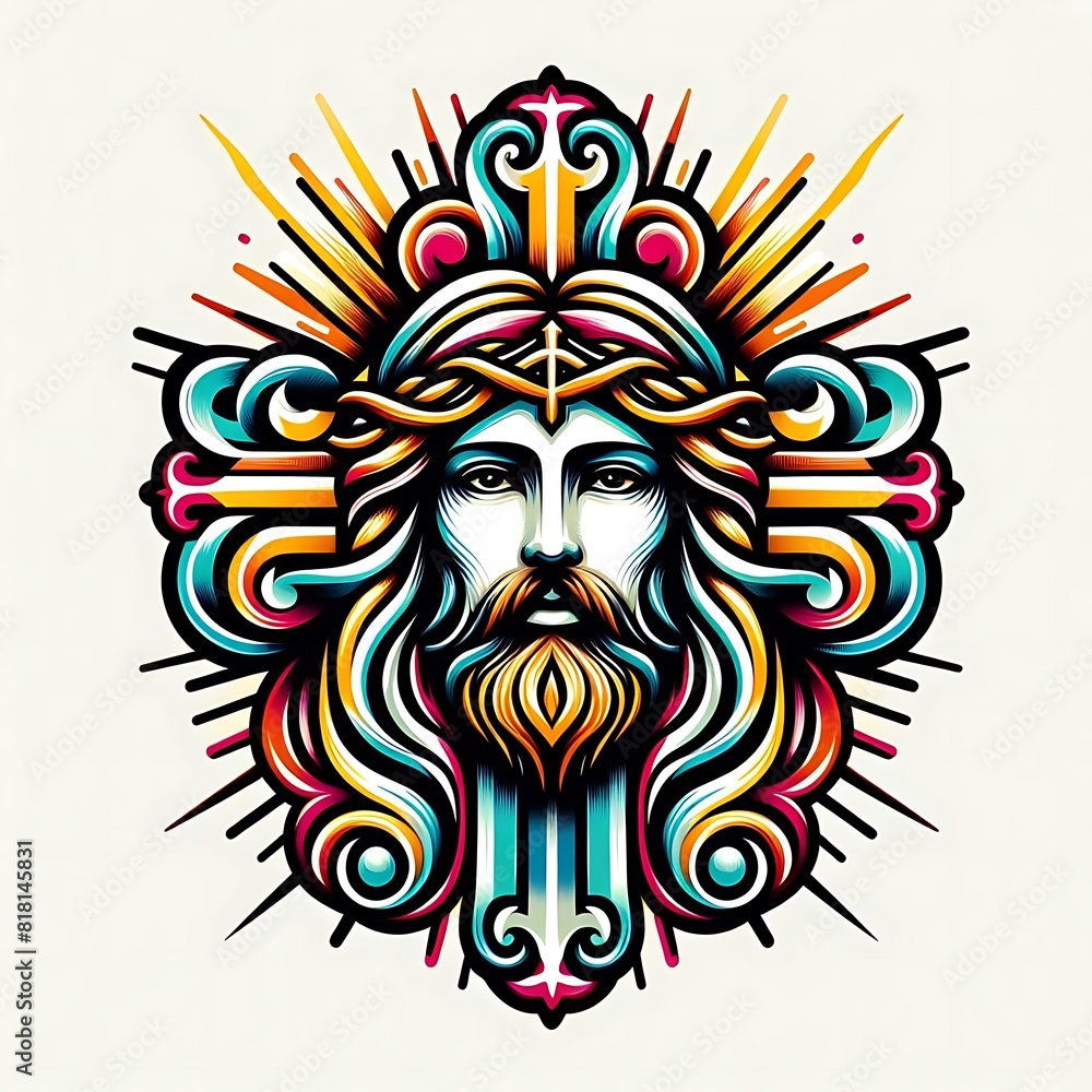 A colorful art of a jesus christ with a beard and a cross lively meaning realistic.