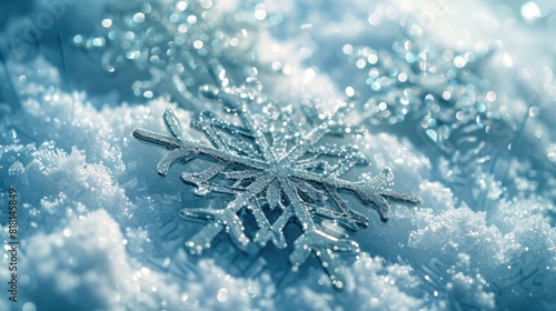 A snowflake is on top of a snow covered ground. The snowflake is surrounded by a lot of snow and it is very shiny